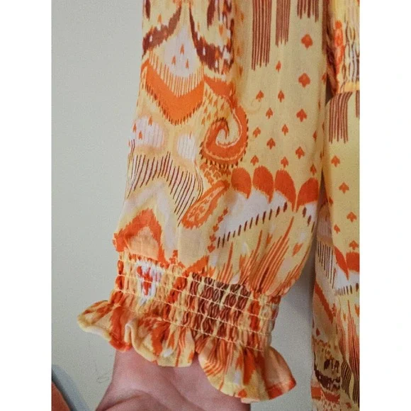Torrid Top 00 M/L Ikat Babydoll Smocked Boho Ruffle Western Patchwork Earthy - Picture 4 of 16